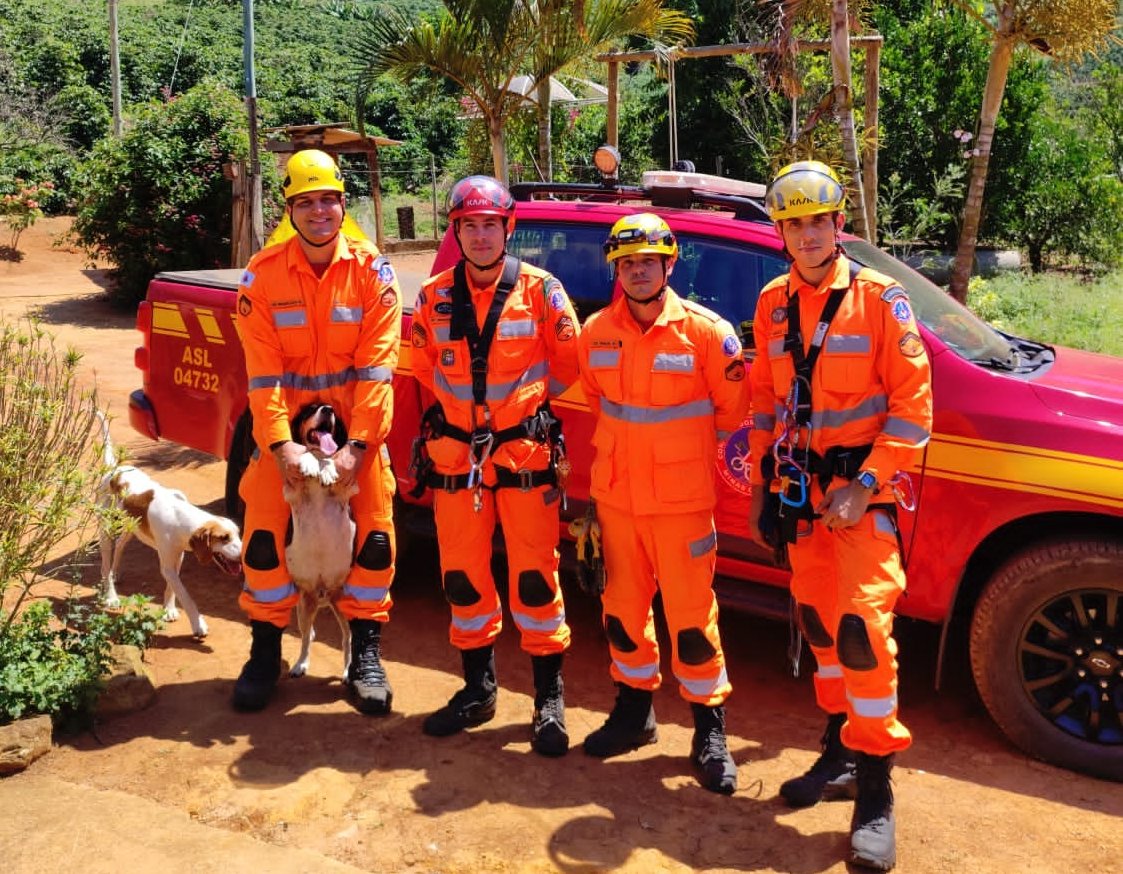 Bombeiros resgatam dois cachorros presos em pedreira em Carangola