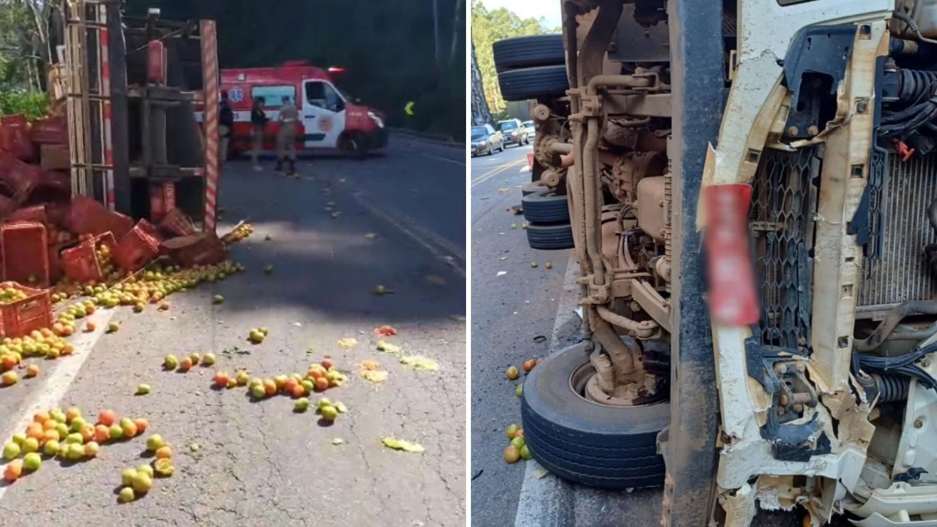 Caminhão carregado de tomate tomba e mata motociclista de Reduto, na BR-262